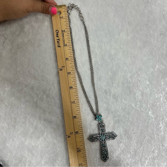Brighton Southwest Inspired Teal Blue Enamel Oversized Cross Pendant Necklace! - Picture 2 of 10